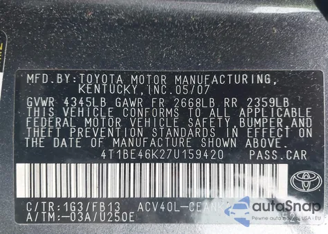 2007 Toyota Camry Ce/Le/Xle/Se z USA, uszkodzony, nr VIN 4T1BE46K27U159420